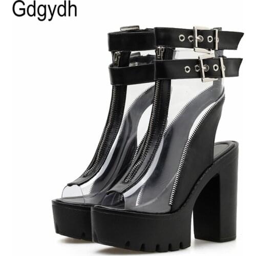 Gdgydh 2020 New Summer Shoes Women Transparent Peep Toe High Block Heel Sexy Sandal Shoes Boots Fashion Buckle Slingbacks Black