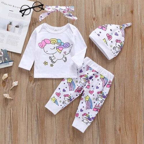 4 Pieces Newborn Infant Baby Girl Clothes Set 2020 Rainbow Cartoon Unicorn Tops+Pegasus Star Castle Pants+Hat+Headband 4PCS SETS