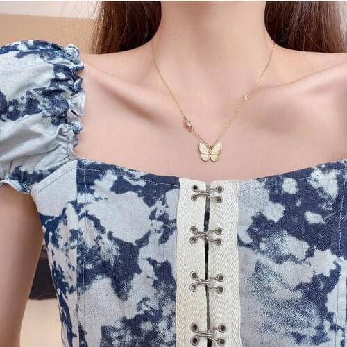 Korean Butterfly Charm Pendant Necklaces For Women Opal Stone Stainless Steel Chain Necklace Fashion Jewelry Party Wedding Gifts