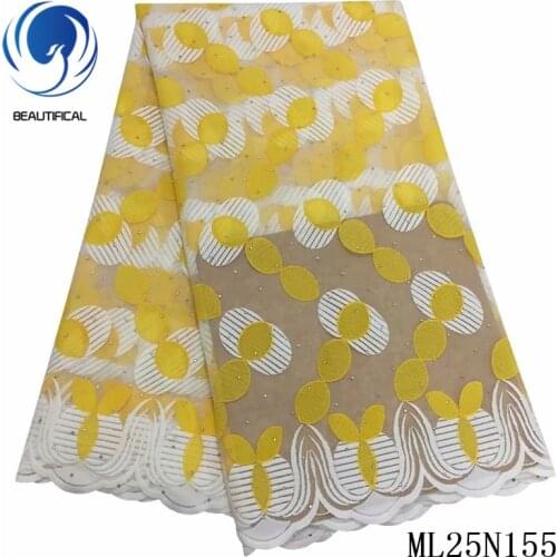 Beautifical nigerian lace fabrics Wholesale price nigerian tulle lace fabric with stones white/yellow embroidery lace ML25N155