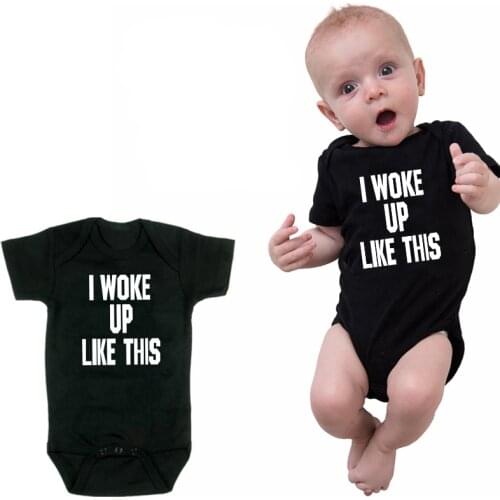DERMSPE Summer New Style Baby Girls Boys Rompers Short Sleeve Newborn Baby Clothes Print I Woke Up I Like This Jumpsuit Black