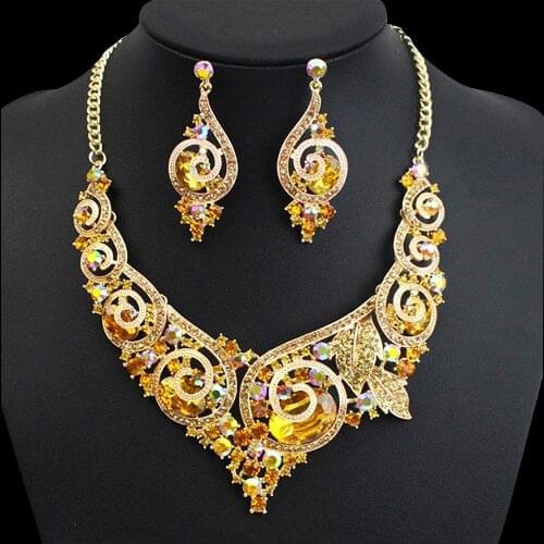 Fashion Austria Crystal Bridal Jewelry Sets Necklace Drop Earrings Dubai Gold Color Wedding Party Dress Accessories for Brides