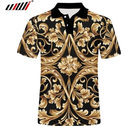 UJWI Brand Men Golden Flower POLO T-shirt Summer 3D Print T-Shirt Homme Short Sleeve Luxury Royal Baroque Men Clothes Tops