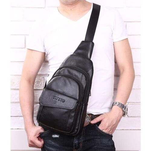 Mens real leather chest bag leisure outdoor sports single shoulder bag chest small shoulder bag top layer cowhide messenger bag