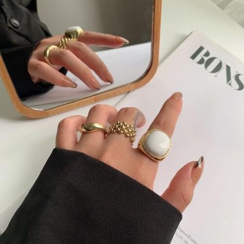 Flashbuy 3 Pc Gold Color Beads Round Geometric Finger Rings Set for Women Trendy Open Ring Joint Ring Adjustable Jewelry Female