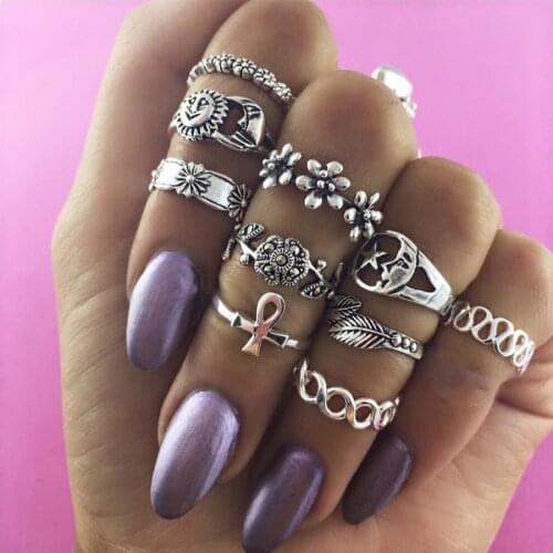 Tocona 11pcs/Set Bohemia Antique Gold Silver Color Flower Carved Rings Sets Knuckle Finger Rings for Women Party Jewelry 4091