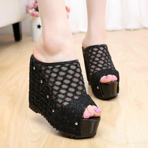 2021 Womens Spring and Summer New Lace Sandals and Slippers Wedges High-heeled Fish Mouth Sandals Increased Womens Shoes