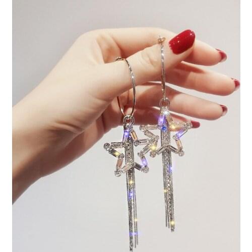 Charm Shiny Rhinestone Star Earrings Silver Color Hoop Earrings for Women Long Tassel Earrings Fashion Jewelry Statement Brincos