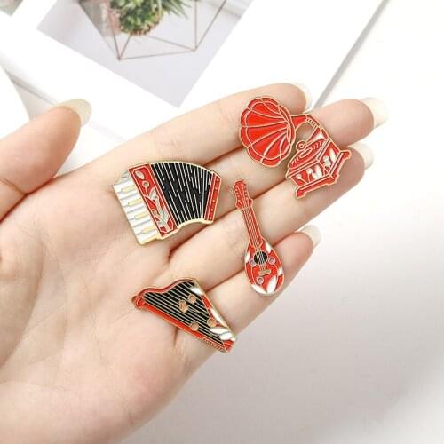 Retro musical instruments Enamel Brooch Red and black phonograph accordion harp Banjo Lapel Pin Badge gift for music lovers