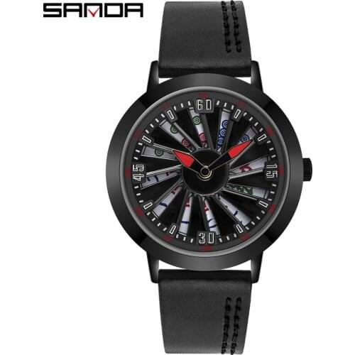 SANDA 2020 Fashion Creative Rotating Dial Quartz Men Watch Mahjong Pattern Waterproof Car Watches Leather Band Montre Homme 1045