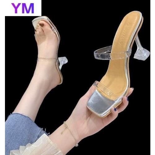 Lucency Summer New Designer Crystal Women sandals Mules Shoes Fashion PVC Open Toe Slides Ladies Brand Thin Heel Mules Female