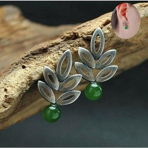 Fad Natural round green stone silver Color hollow Leaf Earrings Fashion chalcedony Leaf Earrings
