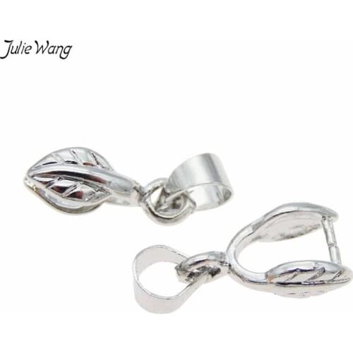 Julie Wang 6pcs/pack Shiny Silver Color Pinch Bail Charms Leaf Shape Simplify Designed Necklace Pendant Jewelry Making Accessory