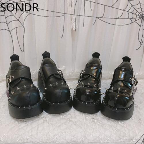 Women Lolita Rivet Buckle Round Toe Gothic Punk Pumps Shoes Platform Wedge High Heel Creepers Japanese Harajuku Dark