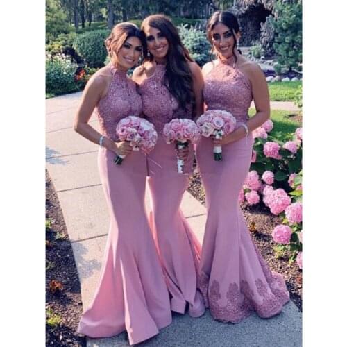 Vintage Bridesmaid Dresses 2021 Lace Applique Sleeveless Halter Sexy Mermaid Satin Long Wedding Party Dress vestidos Customize