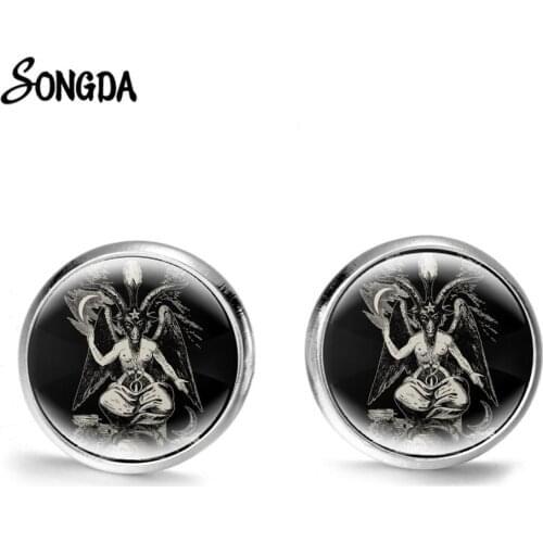 Vintage Baphomet Goat Satanic Stud Earrings Evil Occult Inverted Pentagram Gothic Patterns Glass Cabochon Earrings Silver Color