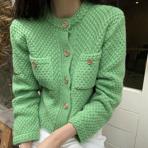Zoki Vintage Women Cardigans Sweater Elegant Single Breasted Autumn Knitted Short Jacket Casual O Neck Korean Female Coats 2021
