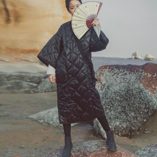 Women Autumn Winter Black V Neck Long Parkas Loose Lacing Up Wrap Cotton Coat Jacket Japan Style Thicken Overcoat Outwear