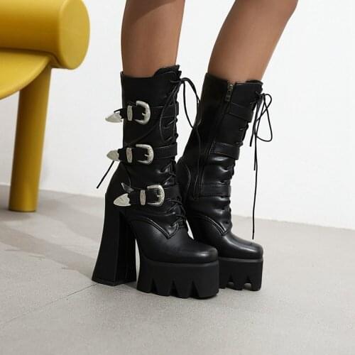 US4-11 Womens Pointy Toe Platform Ankle Boots Motorcycle Belt Buckle Block Super High 15CM Heel Shoes Warm Winter Plus Size Punk