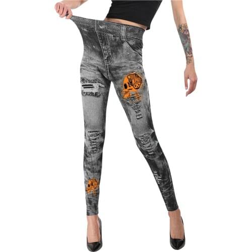 Female Push Up Leggings Funny Skull Printed Fitness Slim Legging High Elasticity Ripped Trousers Autumn Skinny Long Pants Лосины