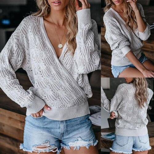 Women Deep V Neck Wrap Sweater Long Sleeve Crochet Knit Hollow Pullover Jumpers