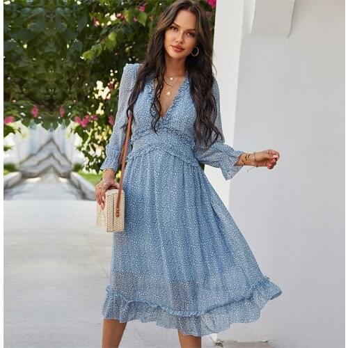 Print Dress Women Sexy V Neck Butterfly Sleeve High Waist Dress For Women Casual Chiffon Dress 2021 Spring and Summer