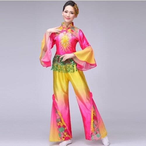 0170) Flower Embroidery sequined yangko classical dance clothing for performance women drum fan square dancing costumes