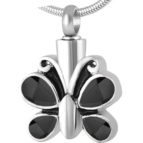 8494 Black Crystal Butterfly Urn Pendant Necklace Ashes Memorial Keepsake Necklace Stainless Steel Cremation Jewelry for Women