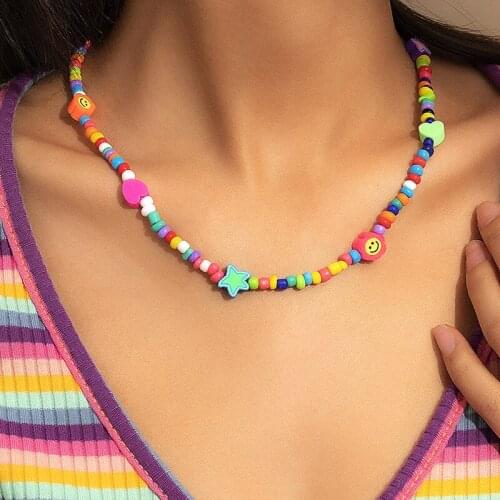 90s Aesthetic Heart Flower Smile Necklace for Women Beads Bohemian Rainbow DIY Nostalgic Vintage Necklace Charms Y2k Jewelry New