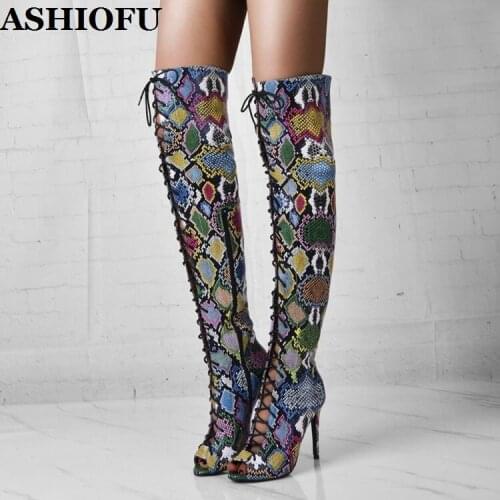 ASHIOFU 2020 Newest Ladies High Heels Long Boots Multicolored Snake-leather Sexy Club Knee High Boots Evening Fashion Boot Shoes