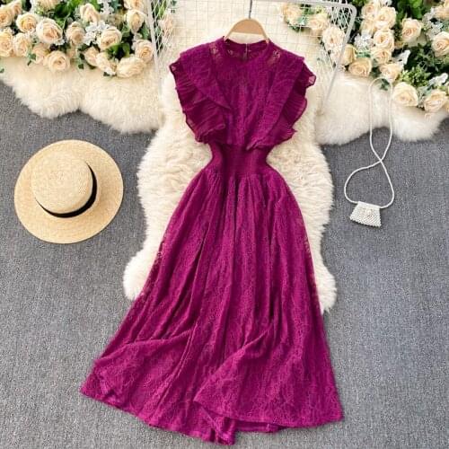 Elegant Temperament Women Lace Dress 2021 Summer New Fashion Korean Slim Ruffled waist Ladies Party Dresses