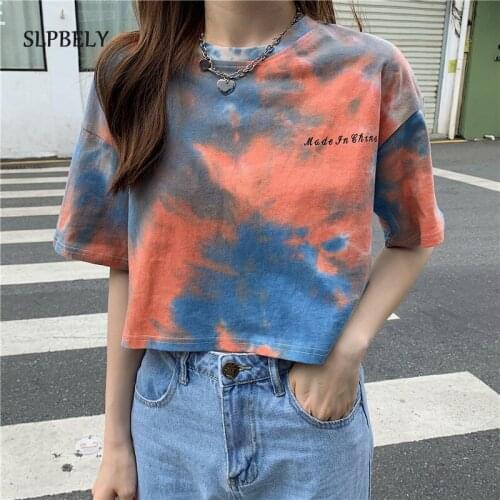 SLPBELY Tie Dye Crop T-shirt Women Summer Casual Short Sleeve Ins Tee Shirt O-neck Streetwear Neon Print Short Tee Clothing New