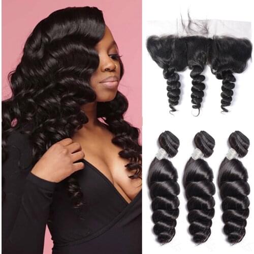 Maxine 9A Grade Brazilian Loose Wave Bundles with Frontal 100% Brazilian Human Hair Loose Deep Wave Bundles with Lace Frontal