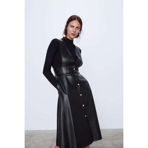 Minimalist Black Coated Soft Vegan Faux Leather Single Breasted Midi Tank Dress Easy Chic Classy V-Neck Sleeveless PU Vinyl Gown