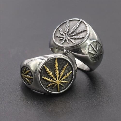 Men Ring Design Round Maple Leaf Vintage Signet Hemp Leaf Mens Ring Mens Jewelry