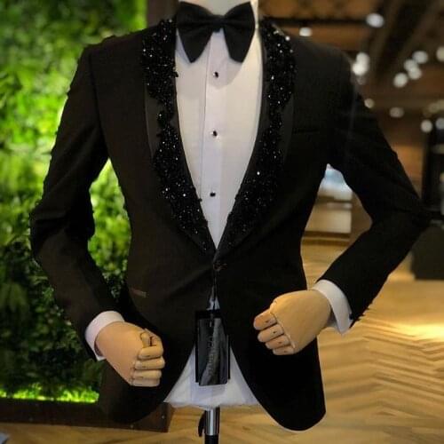 Latest Black Beads Men Suits Shawl Lapel Costume Homme Wedding Masculino Terno Tuxedo Slim Fit Groom Prom Blazer 2 Pieces