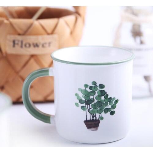 Nordic Green Plant Ceramic Mug Creative Household Mouth Cup Office Hand-painted Plant Coffee Cup Tazas De Ceramica Creativas