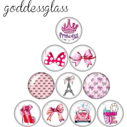 New beauty Pink ribbon fashion lady Princess 10pcs 12mm/18mm/20mm/25mm Round photo glass cabochon demo flat back Making findings