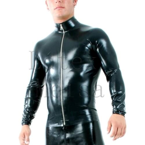 Novelty latex top zipper men long sleeve latex shirt in solid black color with 100% handmade