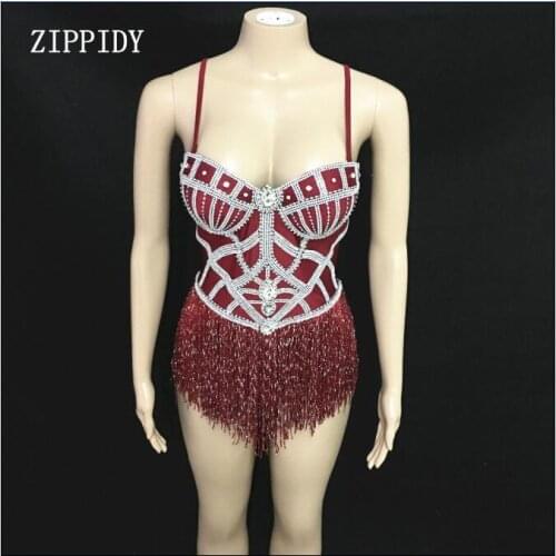 New design Shining Crystals Red Tassels Bodysuit Sparkly Stage Dance Performance Outfit Nightclub Wear Show Clothes