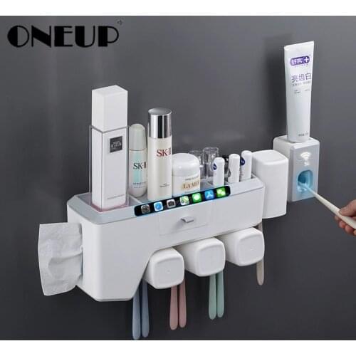 ONEUP Paper-Pumping Toothbrush Holder Toothpaste Squeezer Dispenser 3/4 Cups Punch-Free Household Bathroom Storage Accessories