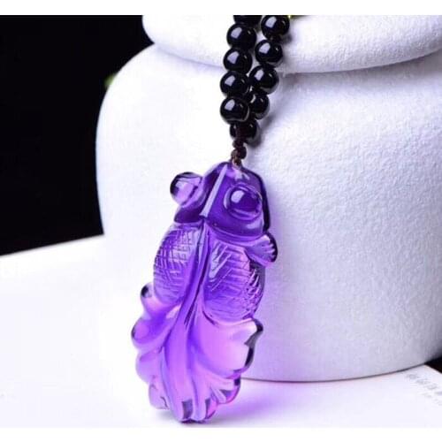 Wholesale Fine Purple Crystal Pendants Carved Gold Fish Pendant Sweater Chain Necklace Luck for Women Men Noble Jewelry