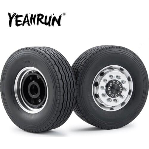 YEAHRUN 2PCS CNC Metal Alloy Front Wheel Hub Rim with 28mm Width Black Rubber Tires for 1/14 Tamiya RC Trailer Tractor Truck