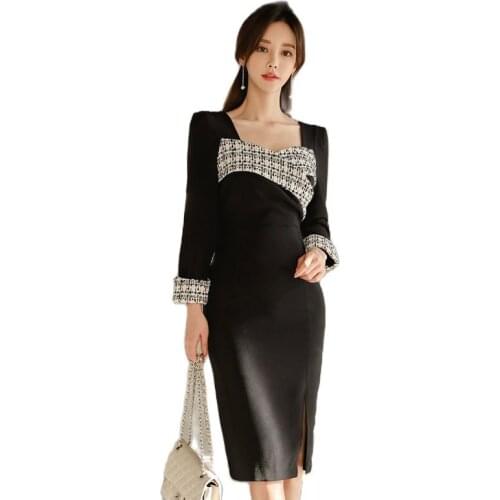 Office sheath OL dress one piece korean ladies Sexy long Sleeve Square neck formal party Bodycon Dress for women clothing