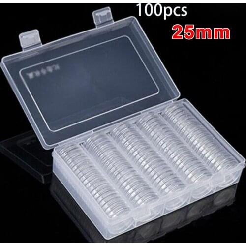100pcs 25mm Clear Round Coin Capsule Containe Storage Box Gold Copper Coins Holder Portable Case Organize Box For Coin Collects