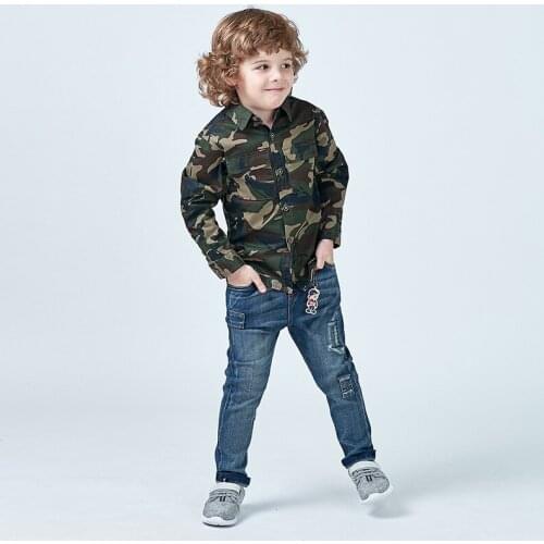 New Boys Long Sleeve Camouflage Shirt Childrens Lapel Printing Tops Spring Fall Clothes Male Kids Military Uniform Coat X410