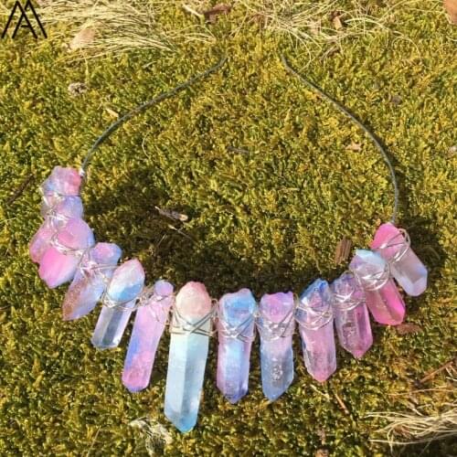 Silvery Wire Wrapped Rose Red Blue Quartz Tusk Point Crown Headband For Women Crystal Crown Headband Hair Jewelry HG088AMCI