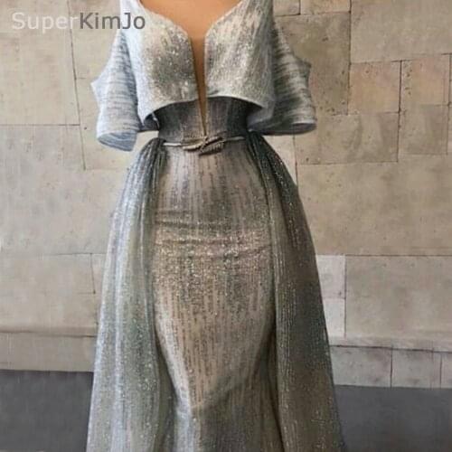 2019 Robe De Soiree Silver Gray Evening Dresses Long Off the Shoulder Detachable Skirt Evening Gown Formal Dresses