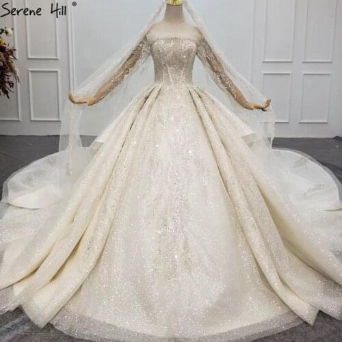 Champagne Boat Neck Long Sleeves Wedding Dresses 2021 Dubai Beading Sequins Luxury Bridal Dress HX0166 Custom Made