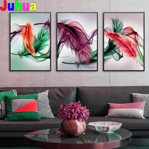 Triptych Diamond Painting Multicolored Feather Full Square Round Drill Mosaic Picture of Rhinestones Diamond embroidery 3 piece